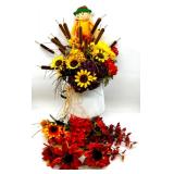Fall Artificial Floral Arrangement with Sunflowers and Scarecrow in Vintage Enamel Pitcher