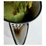 Fall Artificial Floral Arrangement with Sunflowers and Scarecrow in Vintage Enamel Pitcher