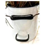 Fall Artificial Floral Arrangement with Sunflowers and Scarecrow in Vintage Enamel Pitcher