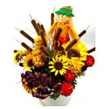 Fall Artificial Floral Arrangement with Sunflowers and Scarecrow in Vintage Enamel Pitcher