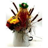 Fall Artificial Floral Arrangement with Sunflowers and Scarecrow in Vintage Enamel Pitcher