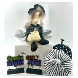 Halloween Witch Doll with Fabric Pumpkins and Spooky Signs Set
