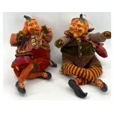 Set of 2 Whimsical Pumpkin Head Art Dolls with Cloth Outfits
