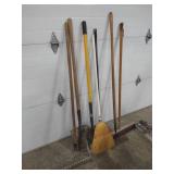 Long-Handled Tool Lot - Rakes, Brooms, Shovels Long-Handled Tool Lot - Rakes, Brooms, Shovels