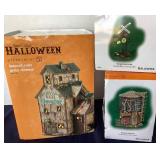 Trio of Dept. 56 Halloween: "Haunted Rails Grain Elevator"; "Haunted Rails Water Tower" and "Haunted Rails Crossing Sign";