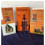 Dept. 56 Halloween Group: "Halloween Clock Tower", “Haunted Delivery", “Creepy Creatures Croak", “Tricky Treats" and "Ghastly Organ Grinder"