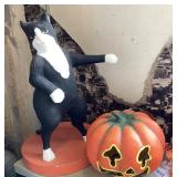 Paper Mache Black Cat with Jack-o-Lantern on Head