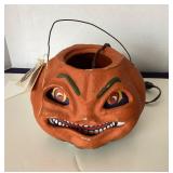 Seasons Gone By: Lighted Paper Mache Jack-o-Lantern Candy Bucket  #2
