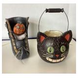 Painted Black Cat Candy Pail and Witch