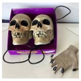 Pair of Talking (Hang on Wall) Halloween Skulls and Creepy Hand Votive Base