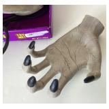 Pair of Talking (Hang on Wall) Halloween Skulls and Creepy Hand Votive Base