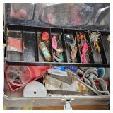 4 Classic Aluminum and Steel Tackle Boxes with Lures, Arbogast, Heddon, Lazy Ike, Vamp Spook