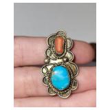 Sterling Silver Turquoise and Coral Ring Size 4 Unmarked 6.21g