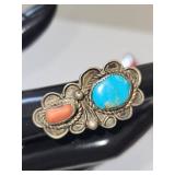 Sterling Silver Turquoise and Coral Ring Size 4 Unmarked 6.21g