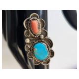 Sterling Silver Turquoise and Coral Ring Size 4 Unmarked 6.21g