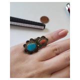 Sterling Silver Turquoise and Coral Ring Size 4 Unmarked 6.21g