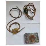 Agate Bolo Ties and Western Belt Buckle Set