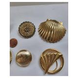 Set of 7 Vintage Gold Tone Clip-On Brooches Costume Jewelry