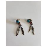 Sterling Silver Turquoise and Jasper Feather Dangle Earrings, 3.59g
