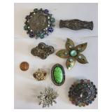 Lot of 8 Vintage Costume Jewelry Brooches with Assorted Stones