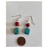 Sterling Silver Turquoise and Red Coral Earrings 6.64g