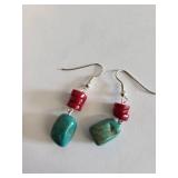 Sterling Silver Turquoise and Red Coral Earrings 6.64g