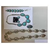 Lot of 5 Faux Turquoise Jewelry Pieces - Necklace, Bracelet, Brooch, Earrings, and Belt