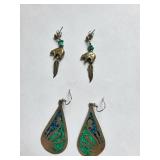 Pair of Mexican Silver .800 Turquoise and Malachite Earrings