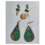 Pair of Mexican Silver .800 Turquoise and Malachite Earrings