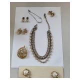 Costume Pearl Jewelry Lot with Necklaces, Earrings, Brooch, and Bracelet