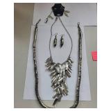 Silver Plated Costume Jewelry Necklace and Earring Set with Chunky Collar