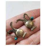 Sterling Silver Pitcher Clip-On Earrings with Turquoise Accents, 4.28 Grams