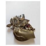 Sterling Silver and Brass Brooch with Garnet and Cubic Zirconia, 18.26 Grams