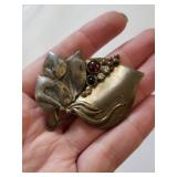 Sterling Silver and Brass Brooch with Garnet and Cubic Zirconia, 18.26 Grams