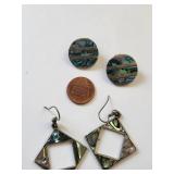 Set of Abalone Inlay Earrings, Clip-On and Dangle, Mexico