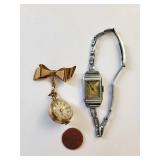 2 Vintage Watches: LGN Silver Tone Wristwatch & Gold Tone Bow Pendant Watch