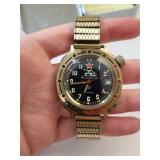 Vintage Russian Vostok Komandirskie Military Watch with Gold-Tone Band