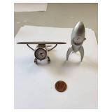 Set of 2 Desk Clocks - Airplane and Rocket Ship Metal Miniatures
