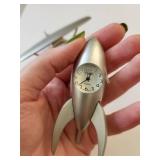 Set of 2 Desk Clocks - Airplane and Rocket Ship Metal Miniatures