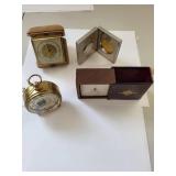 Collection of 4 Vintage Travel and Alarm Clocks Including Blessing, Florn, and Enesco
