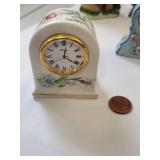 Set of 5 Miniature Clock Figurines Including Aynsley China and Decorative Pieces