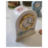 Set of 5 Miniature Clock Figurines Including Aynsley China and Decorative Pieces