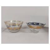 Pair of Midcentury Glass Bowls with Gold and Blue Accents