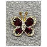 Sterling Silver 925 Butterfly Brooch with Red Stones