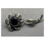 Signed Vintage Sterling Silver 925 Floral Brooch with Black Stone