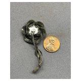 Signed Vintage Sterling Silver 925 Floral Brooch with Black Stone