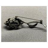 Signed Vintage Sterling Silver 925 Floral Brooch with Black Stone