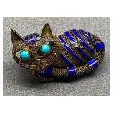 Chinese Mesh Sterling Silver 925 Enamel Cat Brooch with Turquoise Eyes