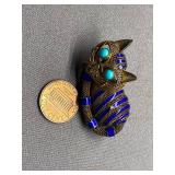 Chinese Mesh Sterling Silver 925 Enamel Cat Brooch with Turquoise Eyes