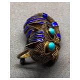 Chinese Mesh Sterling Silver 925 Enamel Cat Brooch with Turquoise Eyes